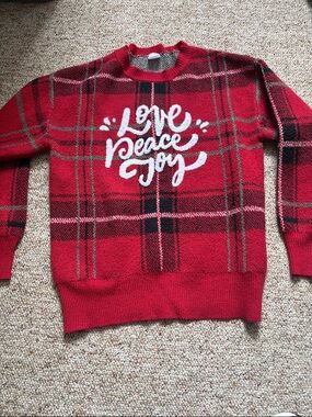 NWOT Red Plaid 'Love Peace Joy' Holiday Sweater